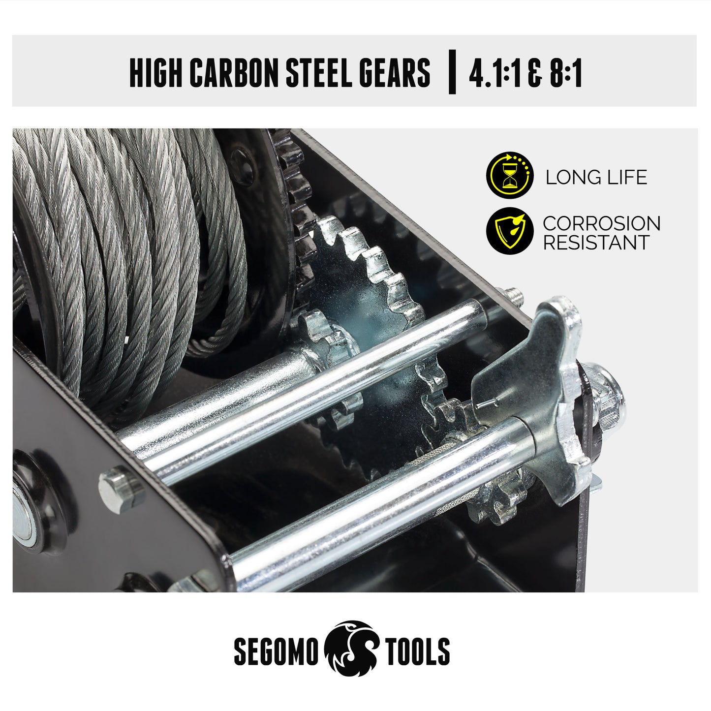 Segomo Tools Treuil manuel robuste à cliquet bidirectionnel de 32,2 pieds de long avec fil noir de 3 500 livres - HW3500