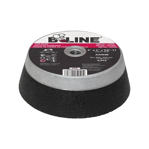 B-Line Abrasives Cup Wheel, 6 Inches Dia, 2 Inches Thick, 5/8 In-11 Arbor, 36 Grit, Alum Oxide - 8 per PK - 90997