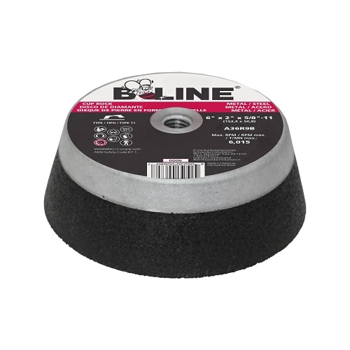 B-Line Abrasives Cup Wheel, 6 pouces de diamètre, 2 pouces d'épaisseur, arbre 5/8 po-11, grain 36, oxyde d'alun - 8 par PK - 90997