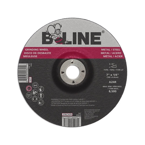 B-Line Abrasives Depressed Ctr Grinding Wheel, 7 Inches Dia, 1/4 Inches Thick, 7/8 Inches Arbor, 24 Grit - 10 per BX - 90913