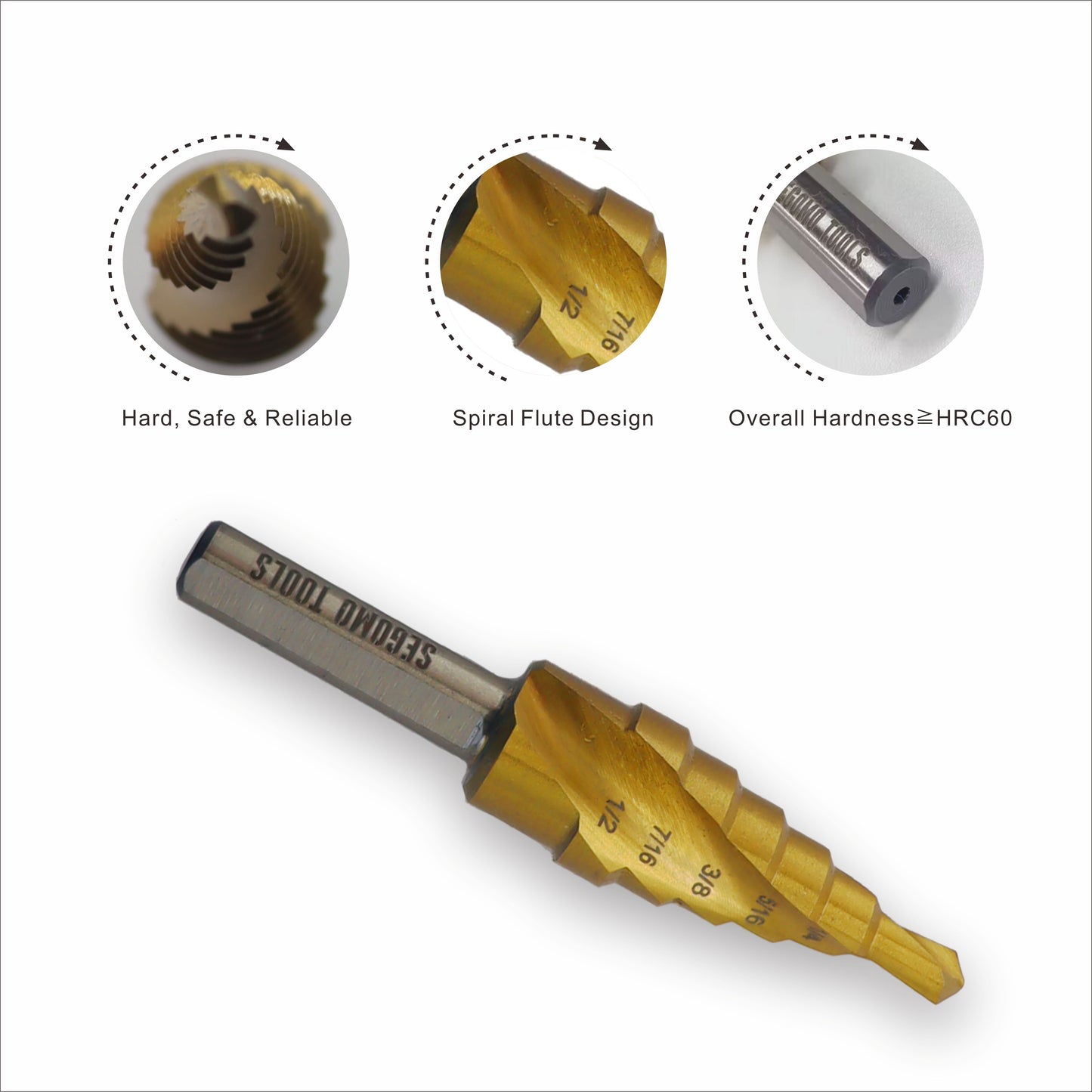Segomo Tools High Speed Steel (HSS) M35 2 Spiral Flute Industrial Titanium Coated Step Drill Bits