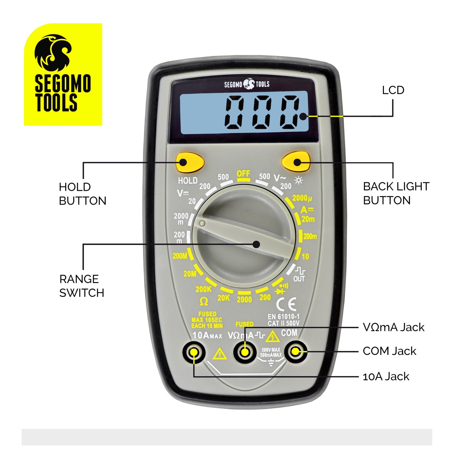 Segomo Tools Probador multímetro digital de voltaje, resistencia y continuidad de diodos y amperios de 500 voltios - DM500 