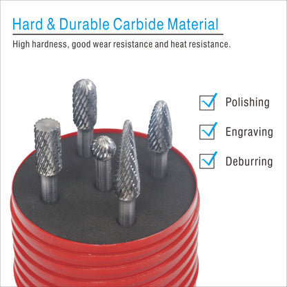 Segomo Tools Juego de fresas rotativas de carburo de tungsteno de doble corte de 5 piezas para rectificar, desbarbar metales, tallar, taladrar y grabar - CB005