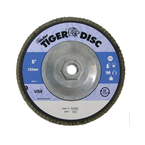 Disques à lamelles abrasifs Weiler Tiger Disc, 6 po, grain 40, arbre 5/8, 10 200 tr/min - 10 par BX - 50659