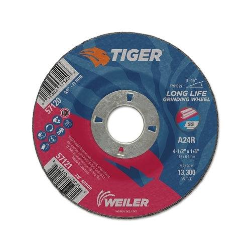 Weiler Tiger Ao Grinding Wheel, 4-1/2 Inches Dia X 1/4 Inches Thick, 7/8 Inches Arbor, A24R, Type 27 - 10 per PK - 57121