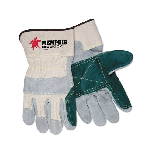 Mcr Safety Sidekick Select Side Leather Palm Gloves, Cotton Fleece/Dupont Kevlar Thread/Heavy Canvas, Large, Gray/Green/White - 12 per DZ - 16012LN