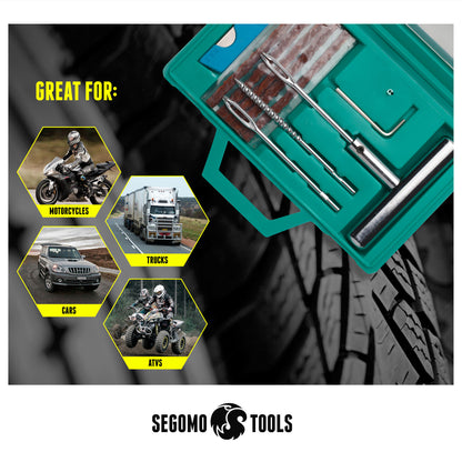 Segomo Tools Juego universal de reparación de pinchazos de neumáticos pinchados de 10 piezas para motocicletas, automóviles, jeeps, camiones, vehículos todo terreno - TIRE01
