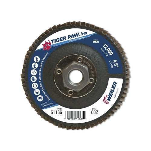 Weiler Tiger Paw x0099  Super High Density Flap Disc, 4-1/2 Inches Dia, 60 Grit, 5/8 In-11 Arbor, 12000 Rpm, Type 27 Flat - 10 per CT - 51166