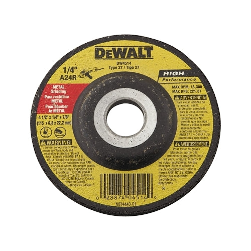 Dewalt Type 27 Hp Metal Grinding Wheel, 4-1/2 Inches Dia, 7/8 Inches Arbor, 13300 Rpm, 24 Grit - 25 per BOX - DW4514