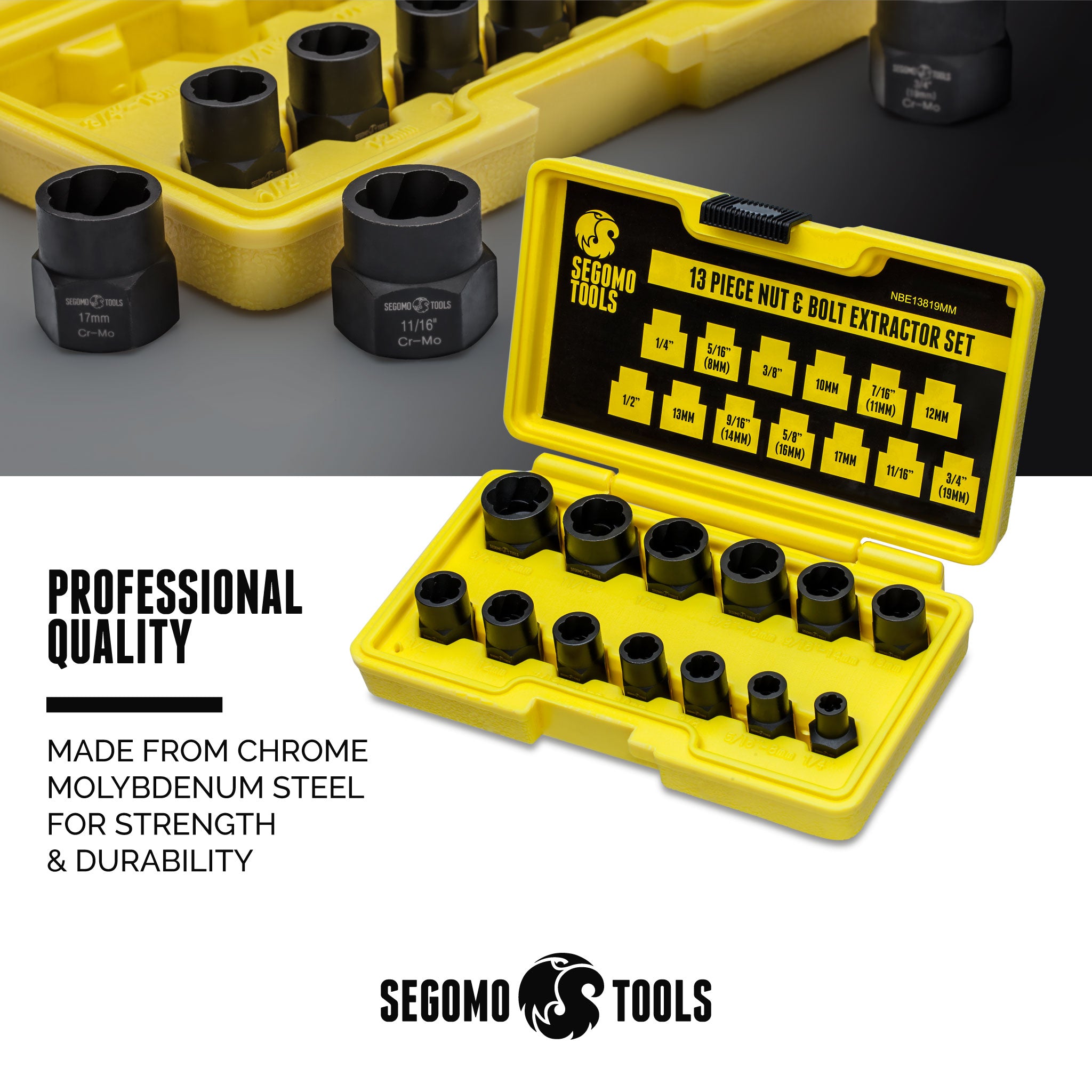 Segomo Tools 13 Piece Lug Nut and Bolt Extractor Removal Metric and SA