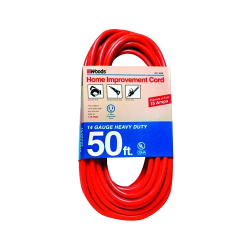 Woods Wire Outdoor Round Vinyl Extension Cord, 50 Ft, 1 Outlet, Orange - 1 per EA - 626