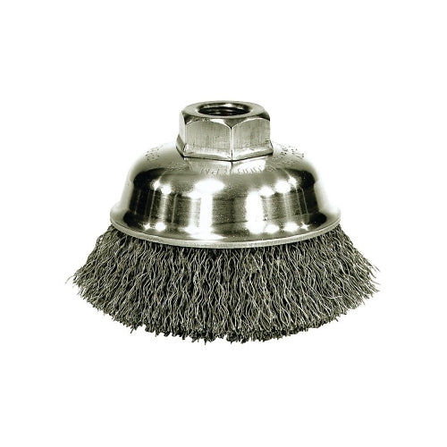 Weiler Crimped Wire Cup Brush, 3-1/2 Inches Dia, 5/8-11 Unc Arbor, 0.014 Inches Stainless Steel - 1 per EA - 13188