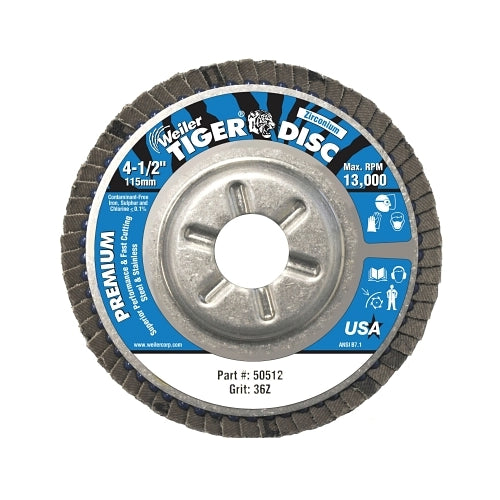 Weiler Tiger Disc Angled Style Flap Discs, 4 1/2 In, 36 Grit, 7/8 Arbor, Aluminum Back - 1 per EA - 50512