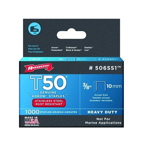 Arrow Fastener T50 Type Staples, 3/8 Inches L X 3/8 Inches W - 1 per PK - 506SS1