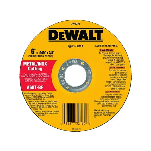 Dewalt Type 1 Thin Metal Cutting Wheel, 6 Inches Dia, 0.040 Inches Thick, 7/8 Inches Arbor, A60T Grit - 25 per BOX - DW8725