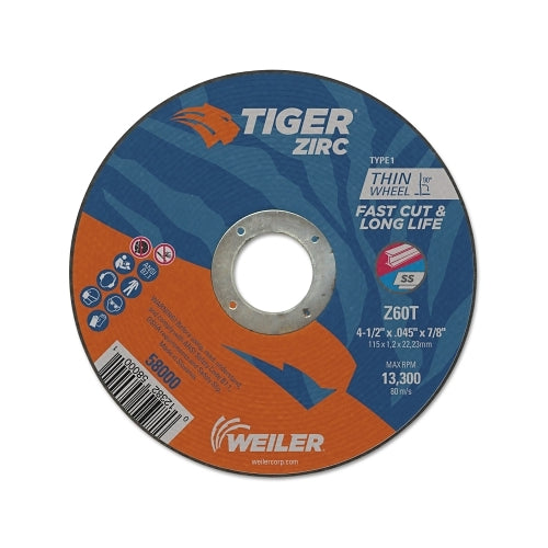 Weiler Tiger Zirc Cutting Wheel, 4-1/2 Inches Dia, 0.045 Inches Thick, 7/8 Inches Arbor, Zirconia Alumina, Type 1, Z60T - 25 per PK - 58000