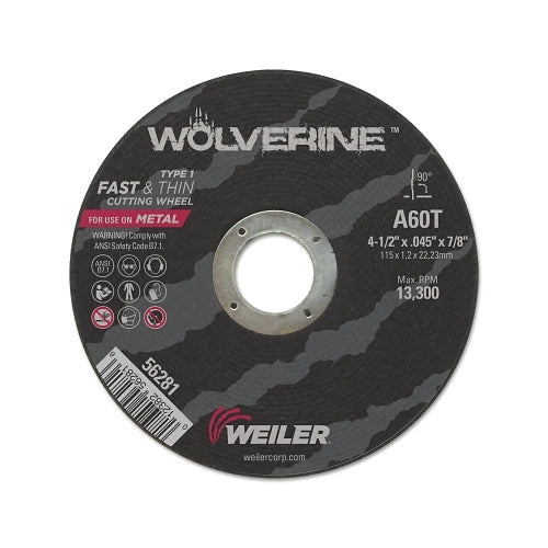 Weiler Wolverine Ao Flat Type 1 Cutting Wheel, 4-1/2 Inches Dia, 0.045 Inches Thick, 7/8 Inches Arbor, 60 Grit - 1 per EA - 56281