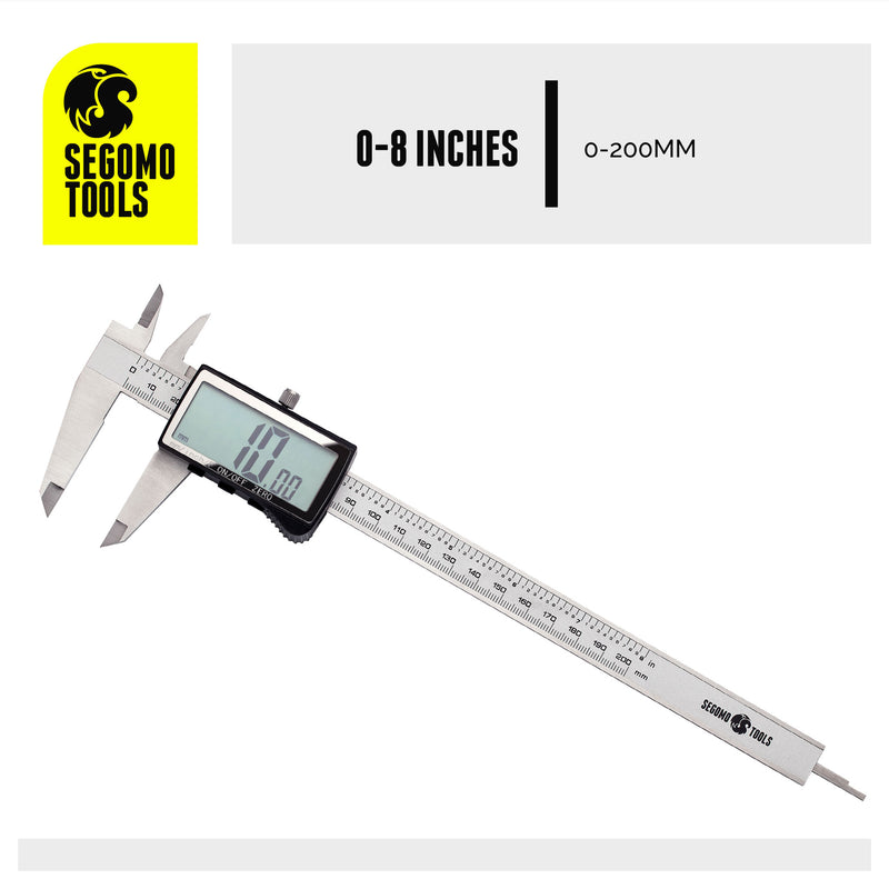 Segomo Tools 8 Inch Electronic Digital Calipers: Inch, Fractions, Millimeter Conversion - DIGICAL8