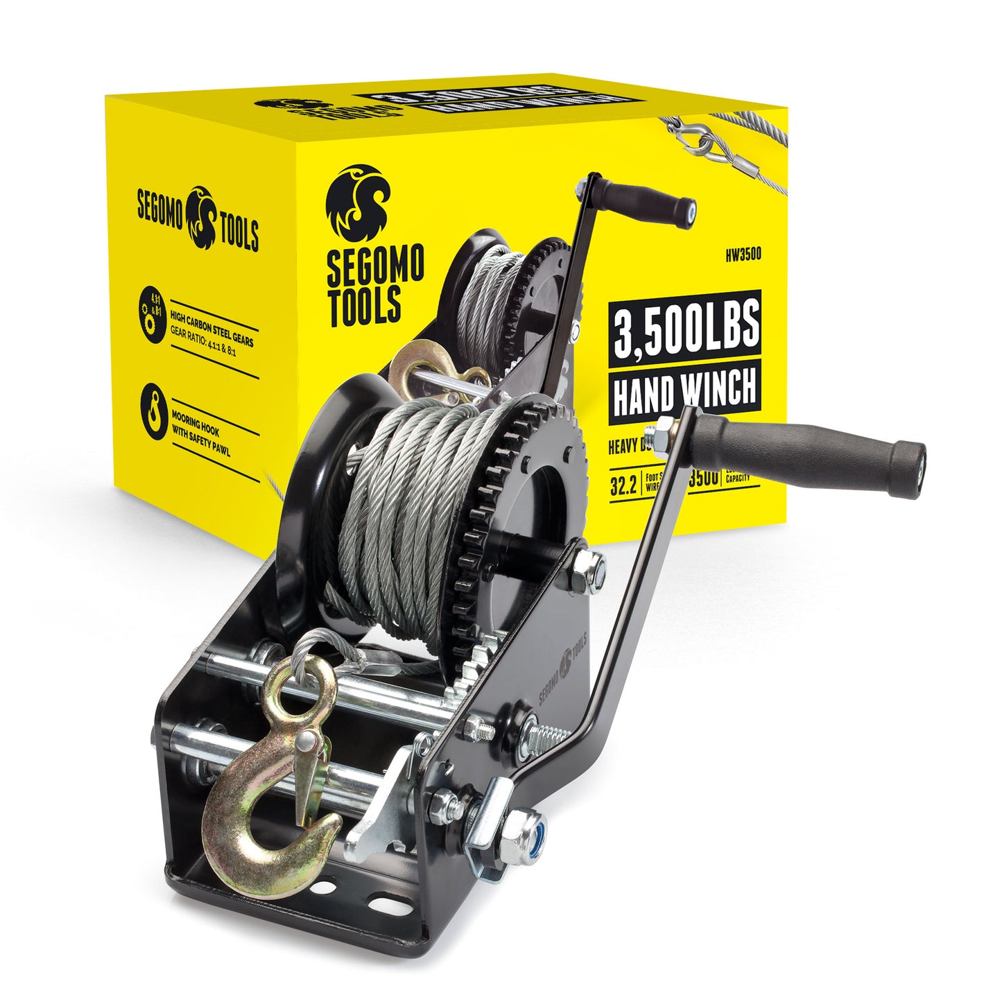 Segomo Tools Heavy Duty 3500 Pound Manual, Two Way Ratchet 32.2 Foot Long Wire Black Hand Winch - HW3500