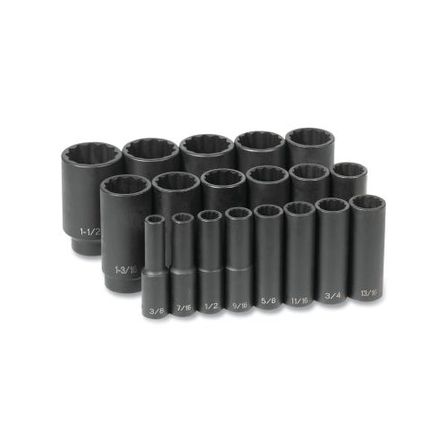 Grey Pneumatic Impact Socket Set, 1/2 Inches Drive, Sae, 12-Point, 3/8 Inches To 1-1/2 Inches Socket Size, 19-Pc Deep Length - 1 per EA - 1719D