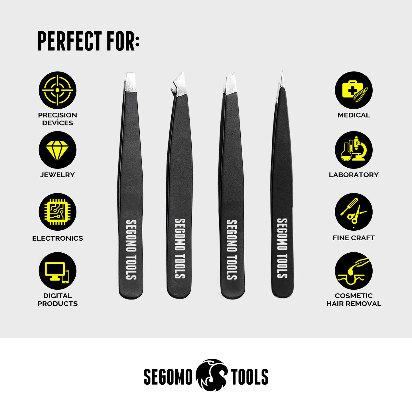 Segomo Tools - Ensemble de 4 pinces à épiler plates, coudées, pointues et inclinées en acier inoxydable - TW004 
