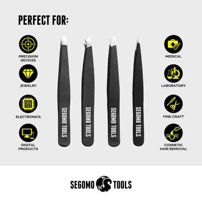 Segomo Tools 4 Piece Stainless Steel Flat, Angled, Pointed & Slant Tip Tweezer Set - TW004