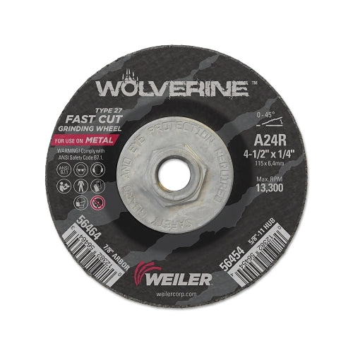 Weiler Wolverine Grinding Wheel, 4-1/2 Inches Dia, 1/4 Inches Thick, 5/8 Inches - 11 Unc Arbor, 24 Grit - 1 per EA - 56454