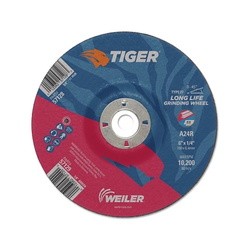 Weiler Tiger Ao Grinding Wheel, 6 Inches Dia X 1/4 Inches Thick, 7/8 Inches Arbor, A24R, Type 27 - 10 per BX - 57129
