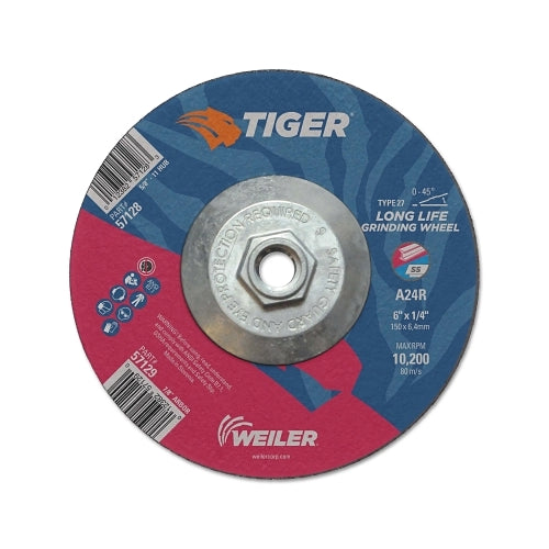 Weiler Tiger Ao Grinding Wheel, 6 Inches Dia X 1/4 Inches Thick, 5/8 In-11 Unc Arbor, A24R, Type 27 - 10 per BX - 57128