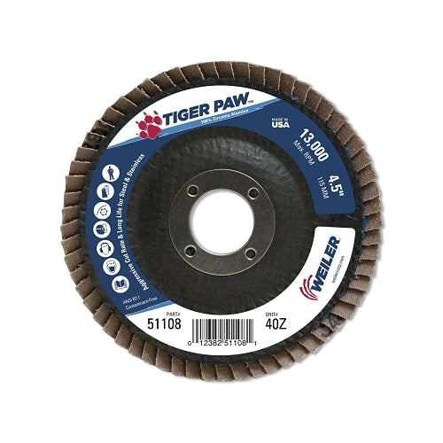 Weiler Tiger Paw Coated Abrasive Flap Discs, 4-1/2 Inches Dia, 40 Grit, 7/8 Arbor, 13000 Rpm, Type 27 - 10 per CT - 51108