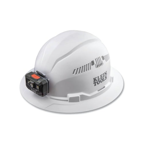 Klein Tools Type 1 Hard Hat, Ratchet With Pivot Suspension, Full Brim Vented, White, Rechargeable Headlamp W/Charging Cable - 1 per EA - 60407RL