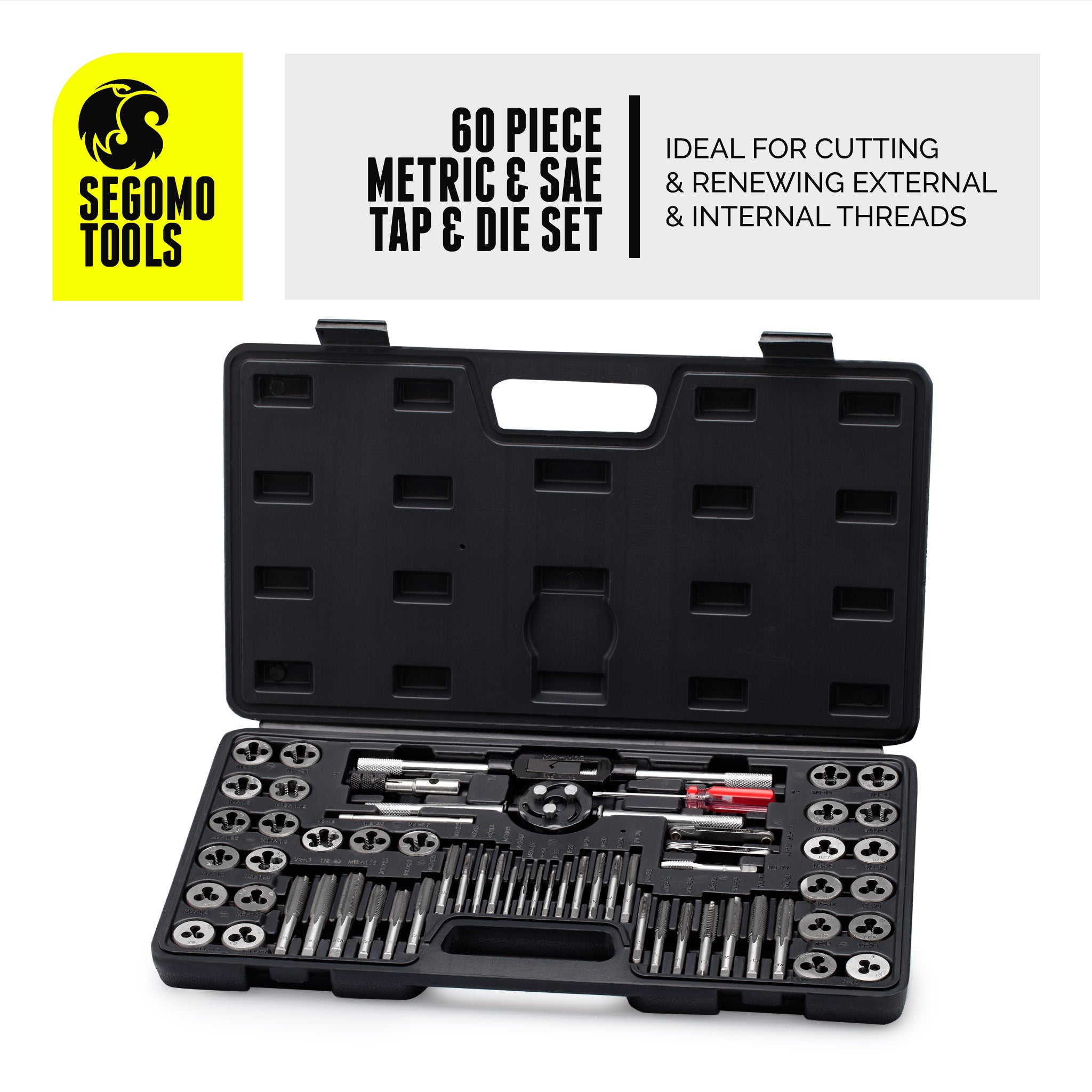 Segomo Tools 60 Piece Metric & SAE Threading Tap & Die Tool Set with S