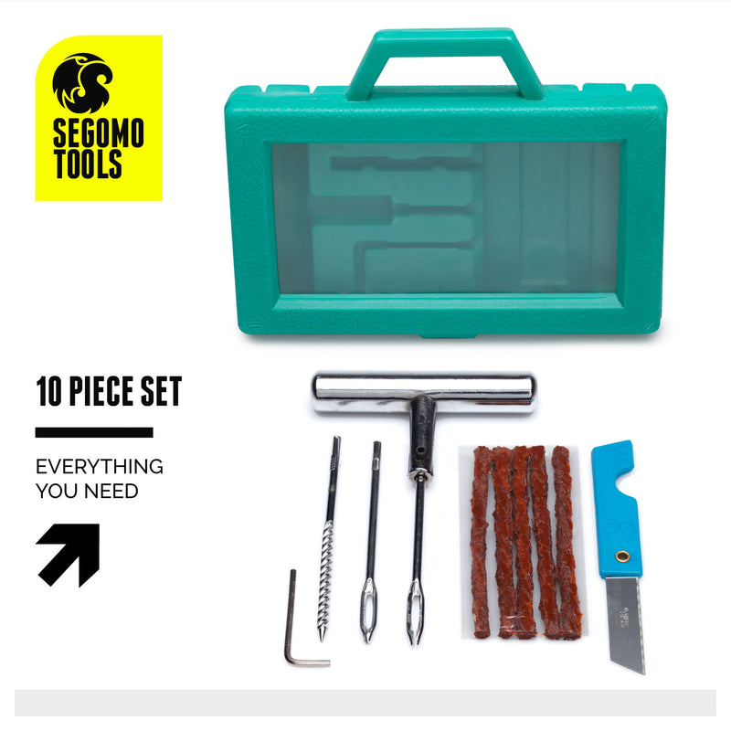 Segomo Tools 10 Piece Universal Flat Tire Puncture Repair Set For Motorcycles, Cars, Jeep, Trucks, ATV - TIRE01