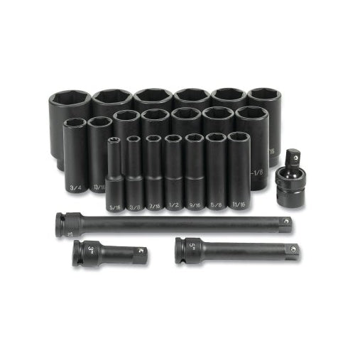 Grey Pneumatic Impact Socket Set, 1/2 Inches Drive, Sae, 6-Point, 5/16 Inches To 1-1/2 Inches Socket Size, 24-Pc Deep Length - 1 per EA - 1324D