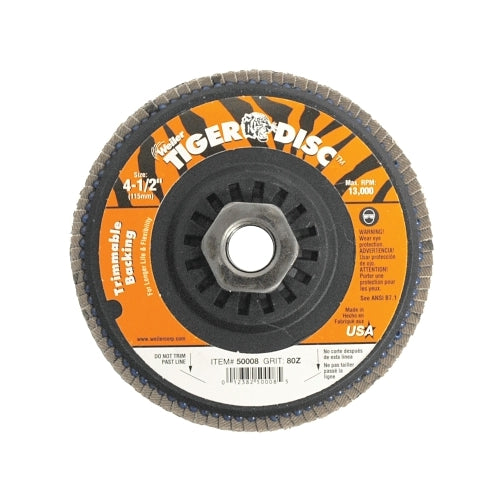 Weiler Trimmable Tiger Flap Discs, 4 1/2 In, 80 Grit, 5/8 Arbor, 13000 Rpm - 1 per EA - 50008