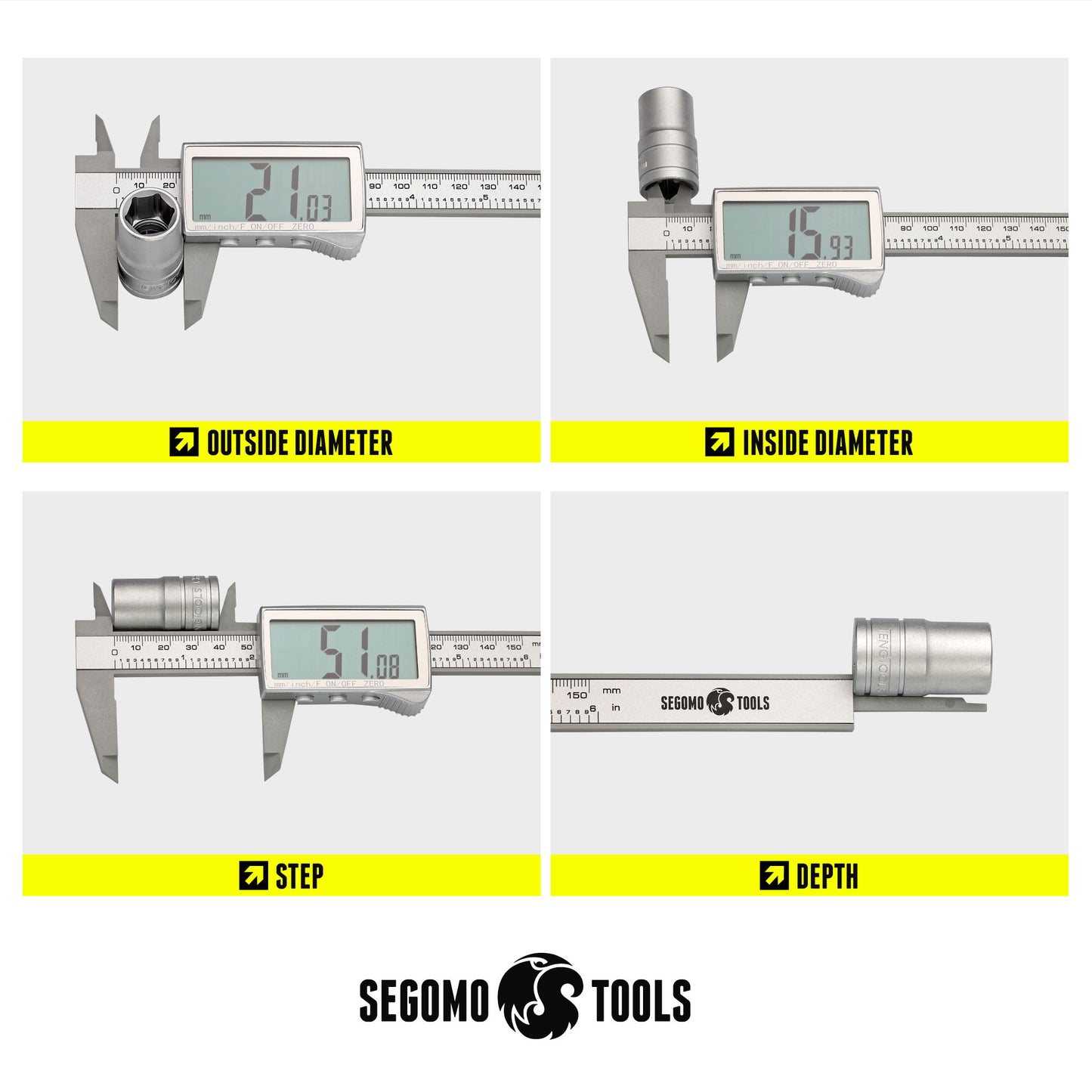Calibradores digitales electrónicos Segomo Basics de 6 pulgadas: conversión en pulgadas, fracciones y milímetros - CAL6DIGIBASICS2