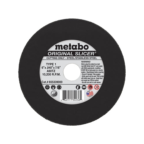 Metabo Original Slicer Cutting Wheel, Type 1, 6 Inches Dia, 0.040 Inches Thick, 60 Grit, Aluminum Oxide - 1 per EA - 655339000