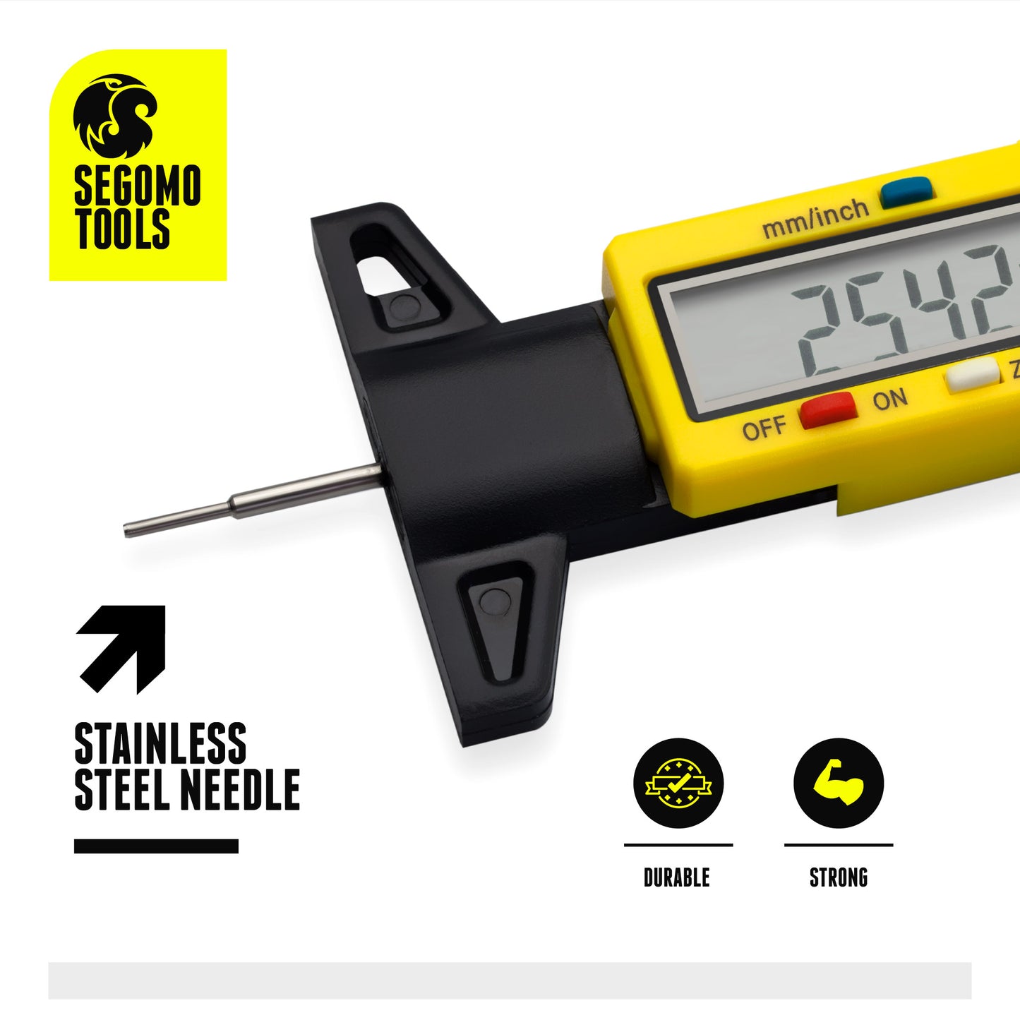 Segomo Tools Outil de mesure de jauge de profondeur de bande de roulement numérique LCD avec conversion en millimètres et en pouces (0-26 mm/0-1 pouce) - DTTDG01 