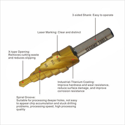Segomo Tools Brocas escalonadas industriales con revestimiento de titanio M35 de 2 flautas en espiral de acero de alta velocidad (HSS)