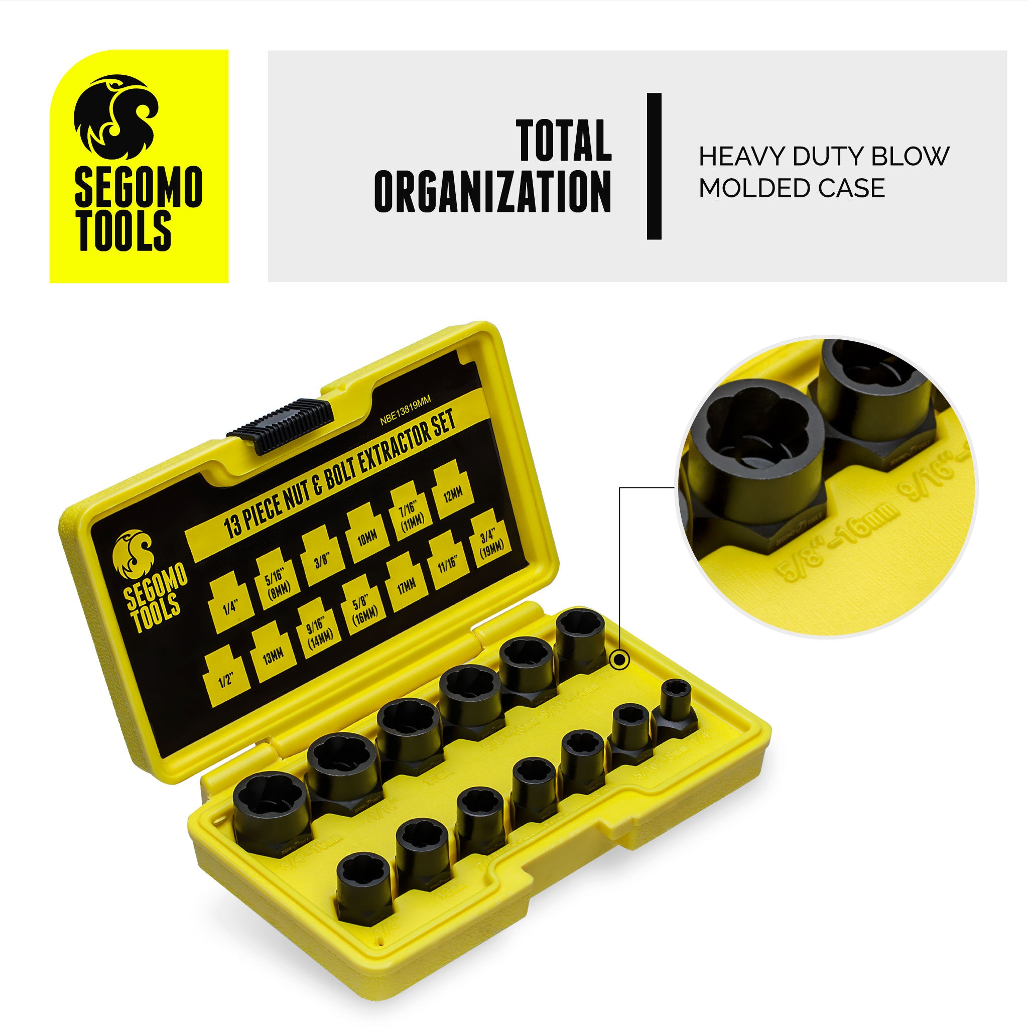 Segomo Tools 13 Piece Lug Nut and Bolt Extractor Removal Metric and SAE  Socket Tool Set 8 - 19mm