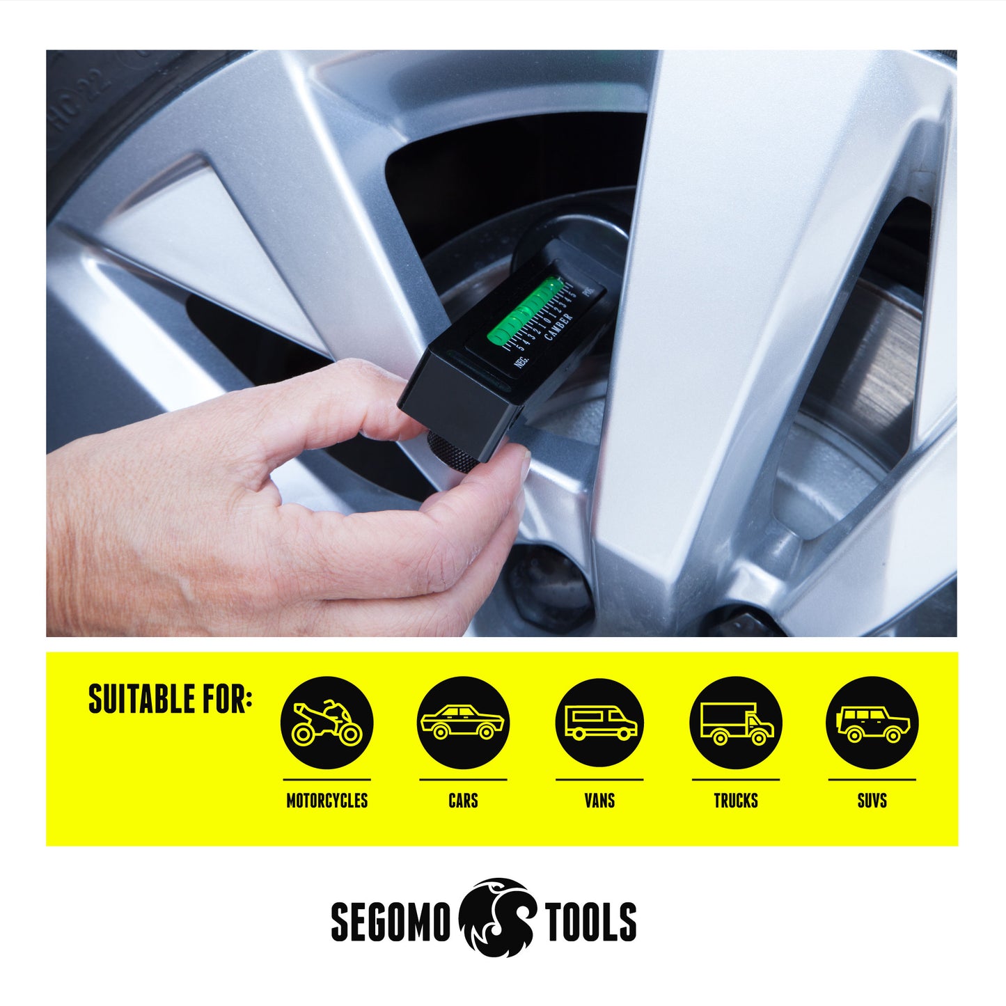 Segomo Tools Herramienta de alineación de puntal de calibre de rueda giratoria/inclinación magnética universal ajustable para automóviles/camiones/reparación de neumáticos - WCC01