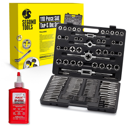 Segomo Tools 110 Piece Hardened Alloy Steel SAE Tap And Die Threading Tool Set With Free Cutting Fluid - TD110SAE-CF