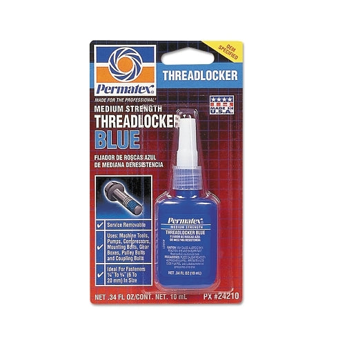 Permatex Medium Strength Blue Threadlocker, 10 Ml, 1/4 Inches To 3/4 Inches Thread - 1 per EA - 24210