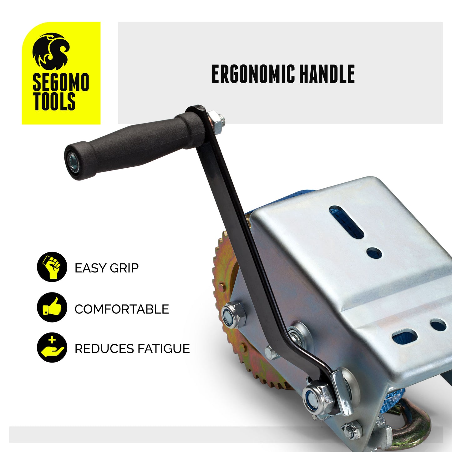 Segomo Tools HW2500 - Cabrestante manual con correa de nailon de 32,2 pies de largo, manual, resistente, de 2500 libras, con trinquete bidireccional