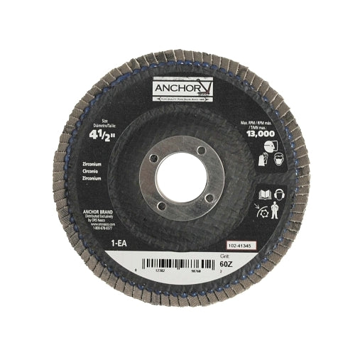 Anchor Brand Abrasive Flap Disc, 4-1/2 In, 60 Grit, 7/8 Inches Arbor, 13000 Rpm - 10 per BX - 98760
