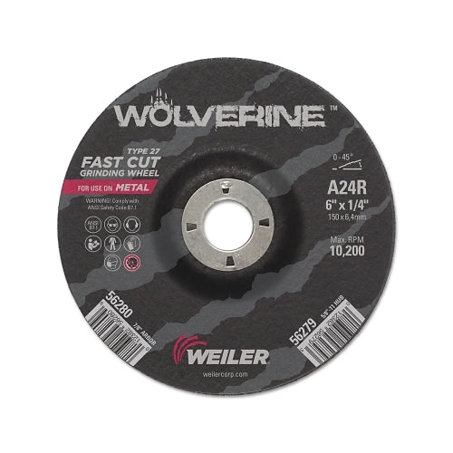 Weiler Wolverine Thin Cutting Wheel, 6 Inches Dia, 1/4 Thick, 7/8 Arbor, 24 Grit - 10 per BX - 56280