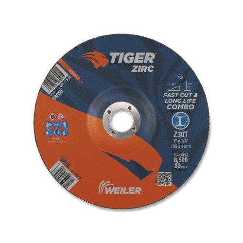 Weiler Tiger Zirc Type 27 Cut/Grind Combo Wheel, 7 Inches Dia X 1/8 Inches Thick, 7/8 Inches Dia Arbor, Z30T - 10 per PK - 58056
