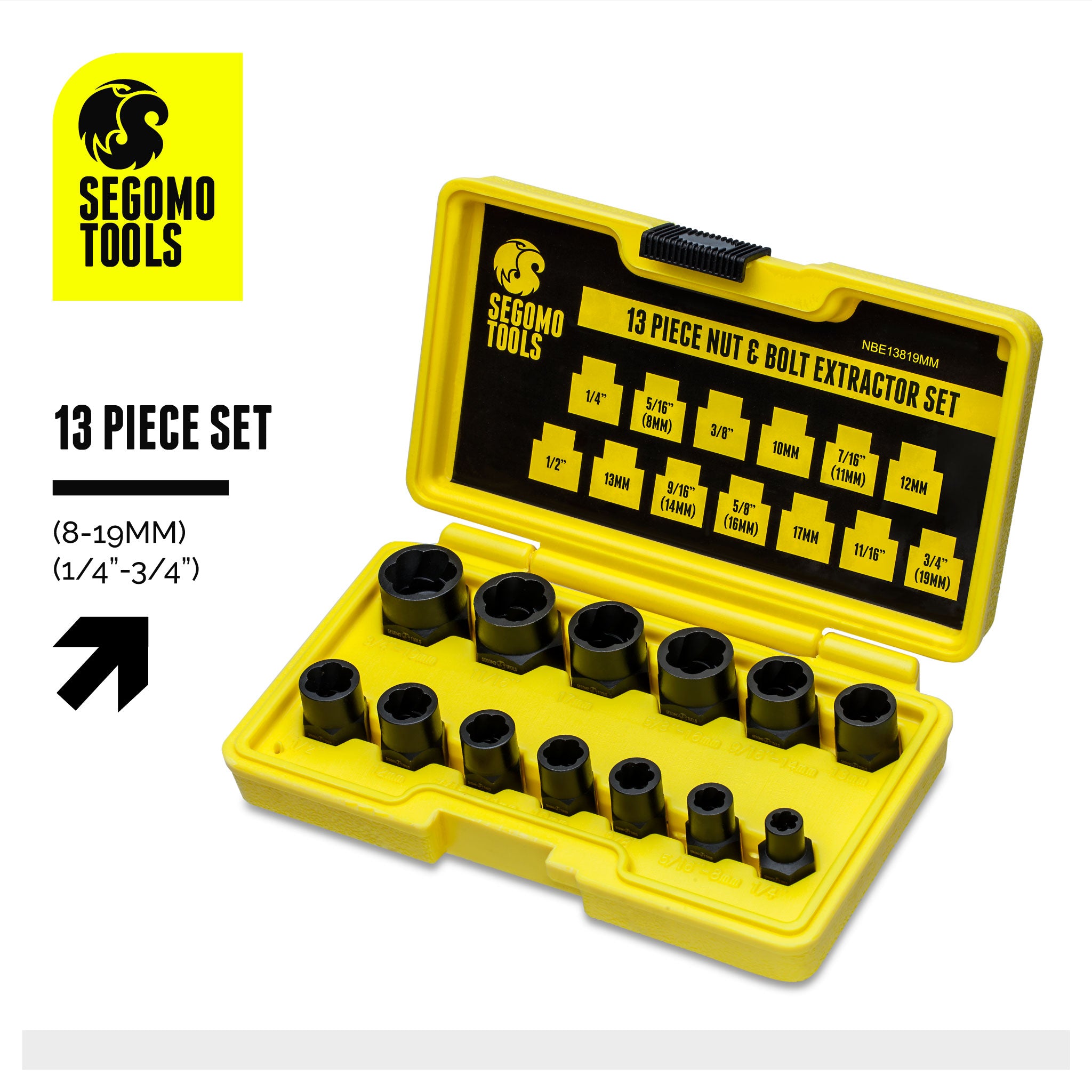 Segomo Tools 13 Piece Lug Nut and Bolt Extractor Removal Metric and SA